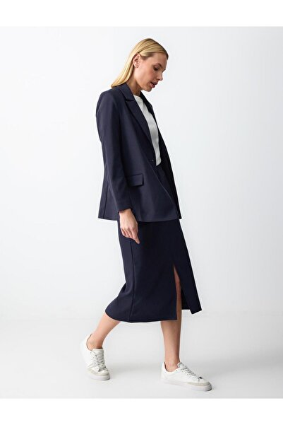 Jimmy Key Lacivert Normal Bel Çizgi Desenli Dokuma Midi Etek