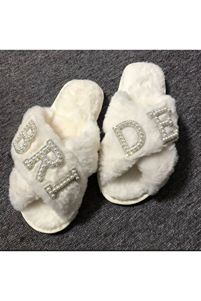 Store Şık Beyaz Peluş Gelin Terlikleri, Bekarlığa Veda Partisi, Düğün Günü için Gelin Terliği