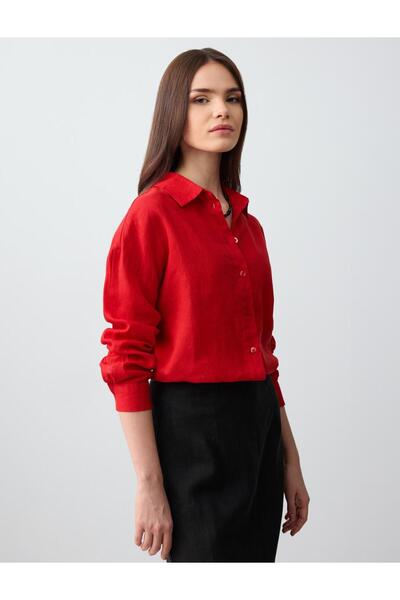 Jimmy Key Kırmızı %100 Keten Düz Kesim Uzun Kollu Dokuma Gömlek