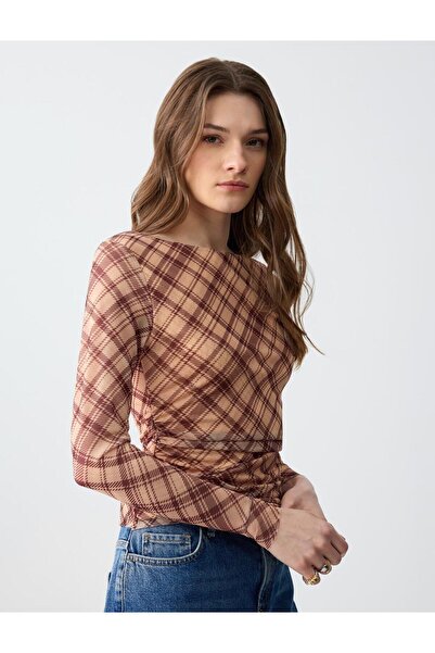 Jimmy Key Beige Slim Fit Long Sleeve Boat Neck Print Mesh Knitted Blouse