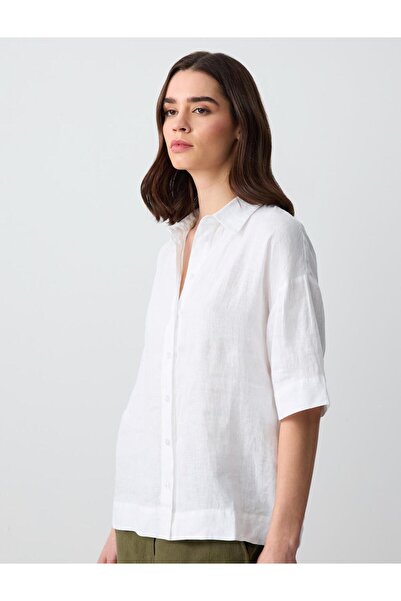 Jimmy Key Beyaz %100 Keten Düz Kesim Kısa Kollu Dokuma Gömlek