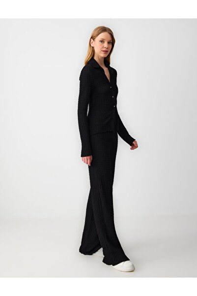 Jimmy Key Siyah Rahat Kesim Yüksek Bel Bol Paça Dokulu Örme Pantolon
