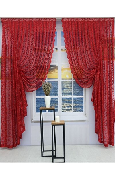 Artper Perdeniz Büzgülü 2 Kanat Tül Fon Perde Kırmızı