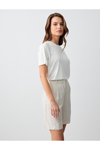 Jimmy Key Taş %100 Keten Düz Kesim Yüksek Bel Bol Paça Dokuma Şort