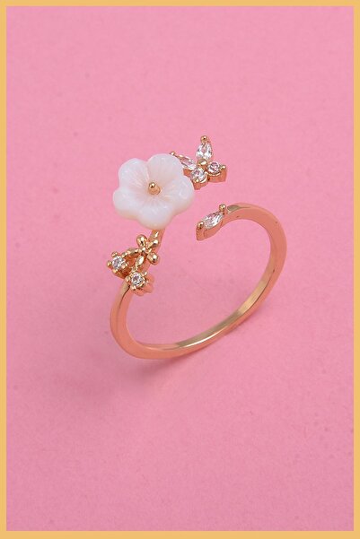 AURRARİ Kadın 18k Altın Kaplama Sedef Çiçek Motifli Ayarlanabilir Çelik Yüzük (exclusive)