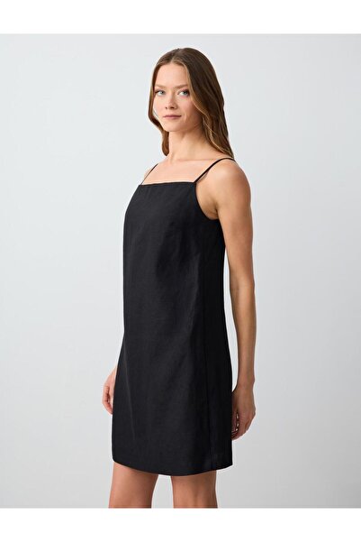 Jimmy Key Siyah %100 Keten Düz Kesim Kısa Tulum