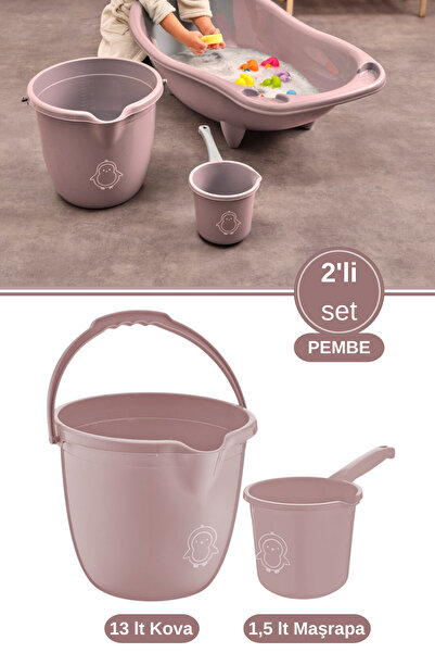 12den 2’li Bebek Banyo Su Kovası ve Maşrapası Seti, Saplı Oluklu Kova 13lt ve Maşrapa 1,5lt Set Pembe