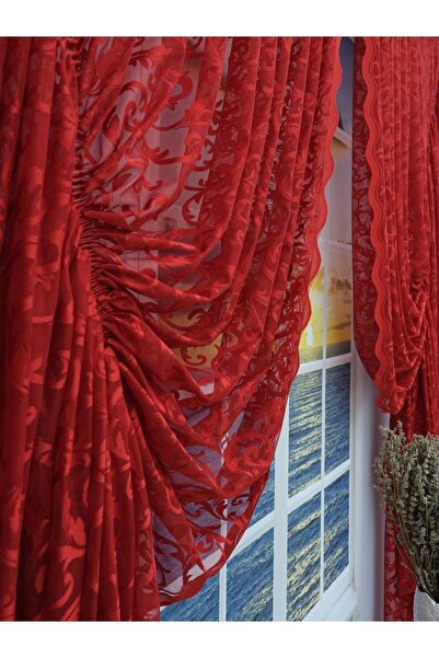 Artper Perdeniz Büzgülü 2 Kanat Tül Fon Perde Kırmızı