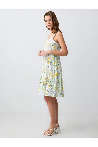 Jimmy Key Sarı Düz Kesim Askılı Kare Yaka Desenli Keten Mini Elbise