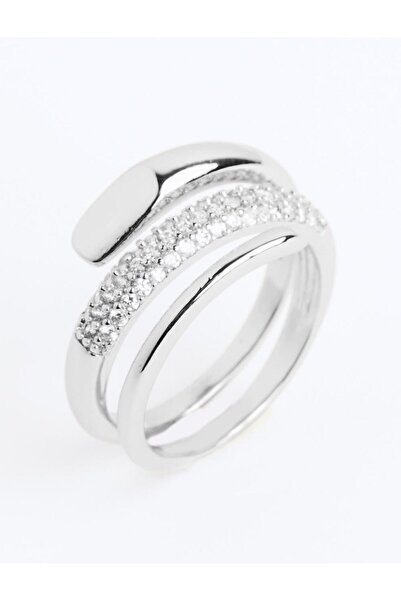 Jimmy Key Gümüş Rengi Parlak Taşlı Ayarlanabilir Yüzük