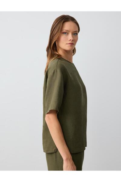 Jimmy Key Haki %100 Keten Rahat Kesim Kısa Kollu Bisiklet Yaka Bluz