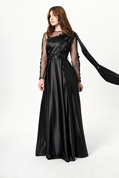 Abiye Sarayı Siyah Transparan Sırt Detaylı Saten Abiye