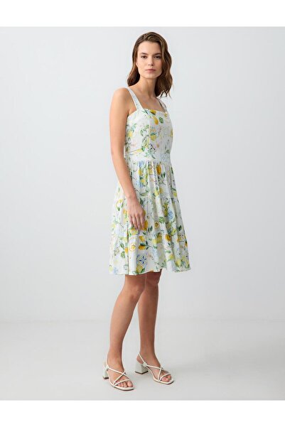Jimmy Key Yellow Straight Cut Strap Square Neck Patterned Linen Mini Dress