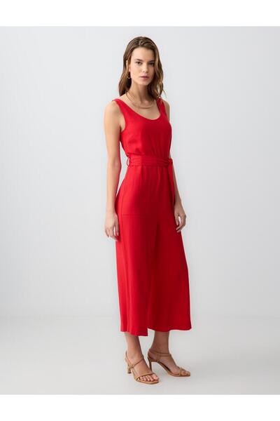 Jimmy Key Kırmızı Kemer Detaylı Kısa Keten Karışımlı Tulum