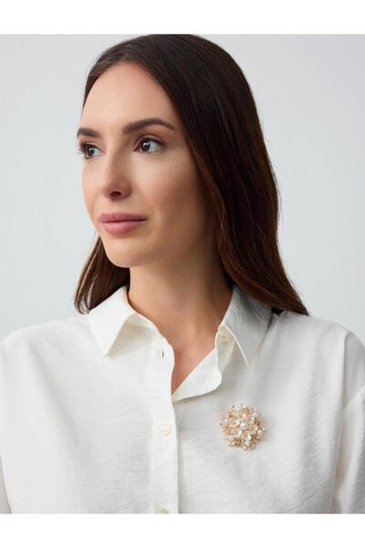 Jimmy Key Beyaz Çiçek Detaylı İncili Broş