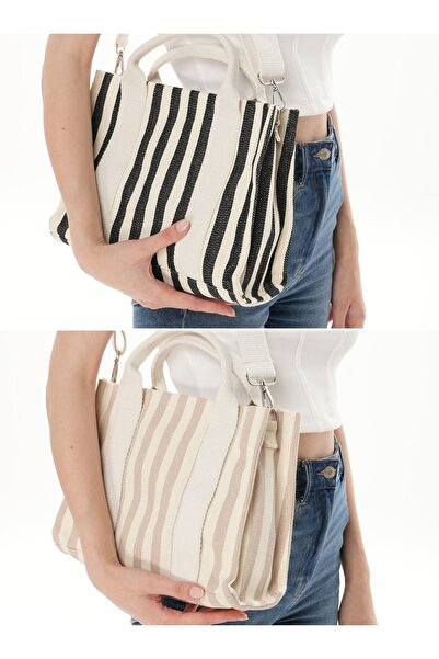 WITH-W Πακέτο 2 - Γυναικεία τσάντα χιαστί με ρυθμιζόμενη λαβή, ριγέ καμβά μον...