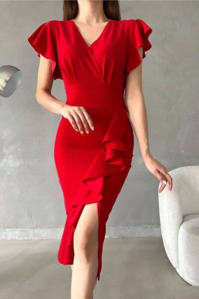 bayansepeti Women's Red Lurex Fabric Double Breasted Neckline Flounce Detailed Evening Dress 121