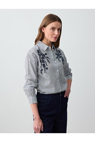 Jimmy Key Ecru 100% Cotton Floral Patterned Striped Long Sleeve Woven Shirt