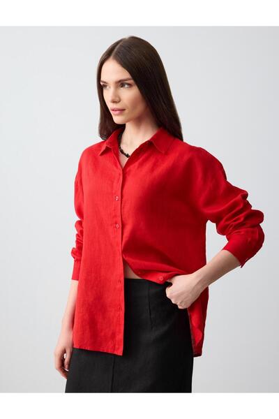 Jimmy Key Kırmızı %100 Keten Düz Kesim Uzun Kollu Dokuma Gömlek
