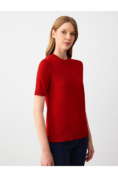Jimmy Key Kırmızı Bisiklet Yaka Düz Kesim Kısa Kollu Triko Kazak