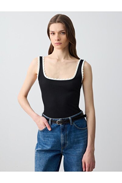 Jimmy Key Black U Neck Embroidery Detailed Knitted Blouse