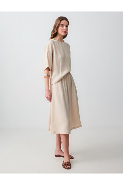 Jimmy Key Vizon Rahat Kesim Yüksek Bel Dokuma Midi Etek