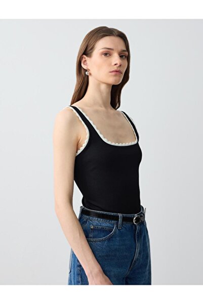 Jimmy Key Black U Neck Embroidery Detailed Knitted Blouse