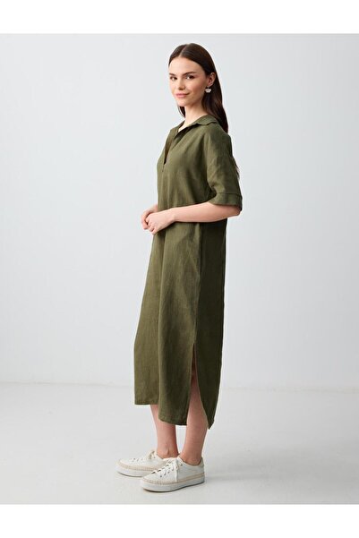 Jimmy Key Khaki 100% Linen Relaxed Cut Shirt Collar Short Sleeve Midi Dress