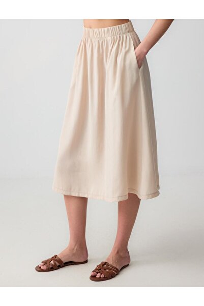 Jimmy Key Vizon Rahat Kesim Yüksek Bel Dokuma Midi Etek