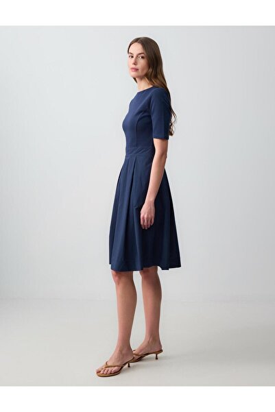 Jimmy Key Navy Blue Crew Neck Short Sleeve Woven Midi Dress
