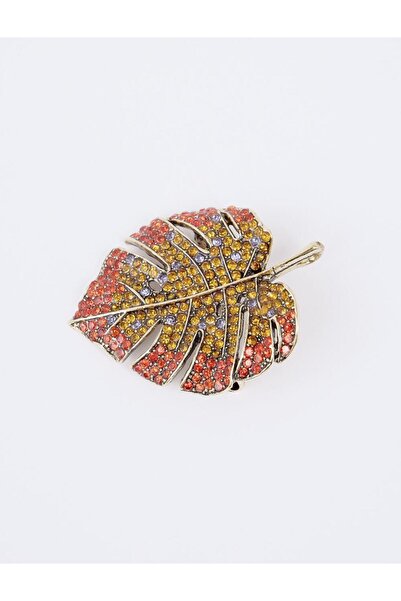 Jimmy Key Kırmızı Yaprak Figürlü Parlak Taş Detaylı Broş