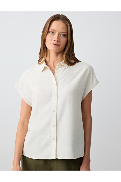 Jimmy Key Ecru Άνετο κοντομάνικο λινό πουκάμισο με ανάμειξη