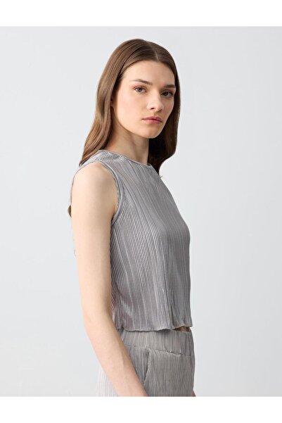 Jimmy Key Gümüş Dar Kesim Yuvarlak Yaka Piliseli Örme Bluz