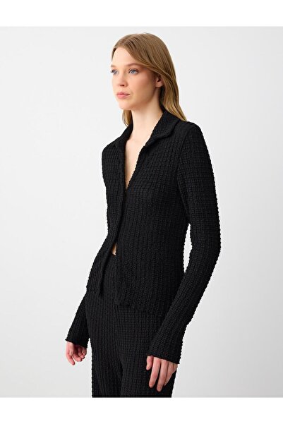 Jimmy Key Siyah Dar Kesim Gömlek Yaka Uzun Kollu Örme Bluz