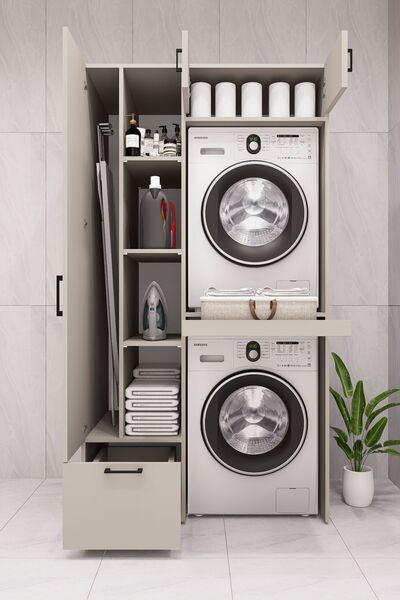 DEMİRBAL MOBİLYA MDF ÇAMAŞIR MAKİNESİ VE KURUTMA MAKİNESİ DOLABI ÜTÜ MASALI Ç...