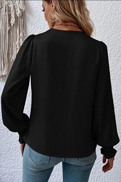 Mossta Double-Breasted collared flowy sleeve end gimped sandy blouse black