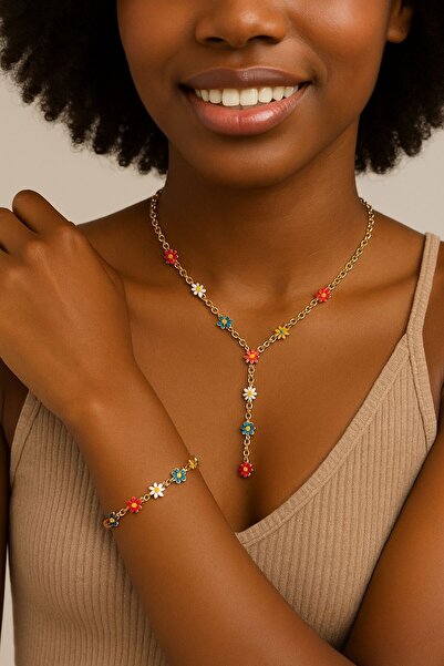 Ralp Moda TREND MODEL "Y" KOLYE KADIN KOLYE ÇİÇEK FİGÜRLÜ KOLYE VE BİLEKLİK SET