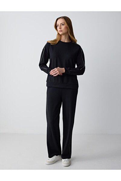 Jimmy Key Hanorac negru cu mânecă lungă, cu decolteu, cu detaliu dungi