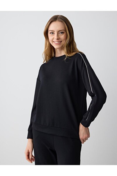 Jimmy Key Hanorac negru cu mânecă lungă, cu decolteu, cu detaliu dungi