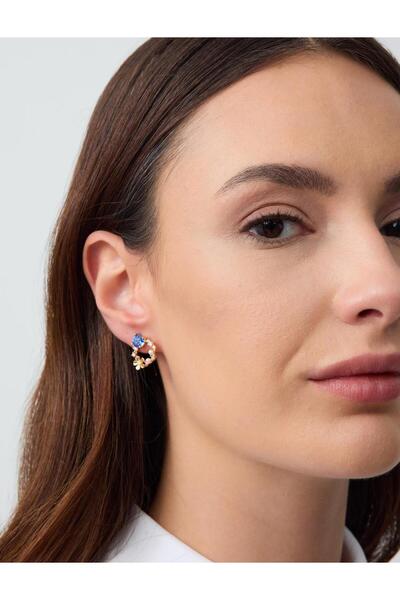 Jimmy Key Mavi Çiçek Desenli İnci Detaylı Küpe