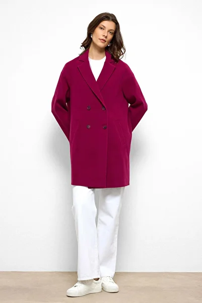 Olcay Patterned Lined Oversize Double Breasted Coat Fuchia 3095
