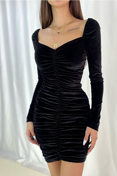 lovebox Büzgü Detaylı Uzun Kollu Siyah Kadife Kumaş Mini Abiye Elbise 582257