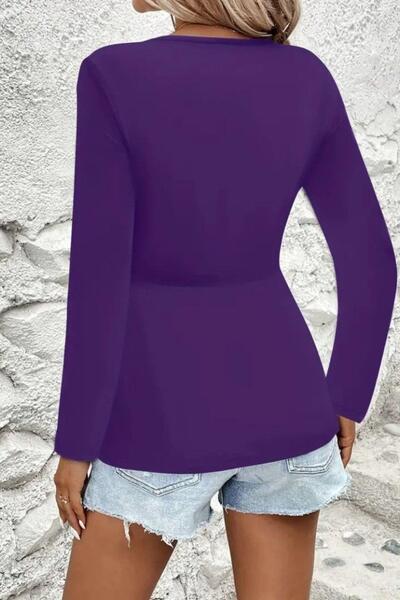 Mossta V-Neck Long Sleeve Viscose Blouse with Knot Detail - Purple