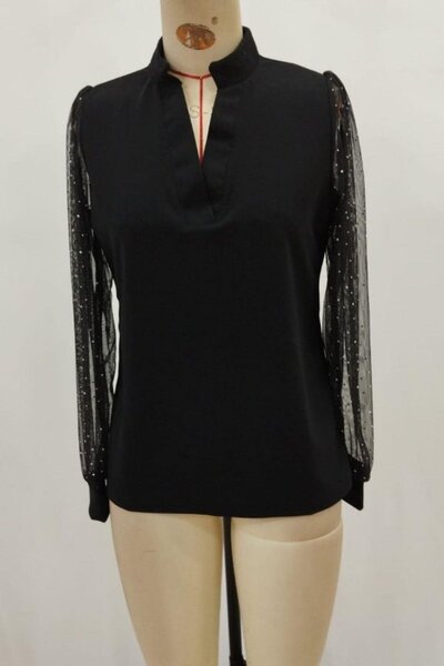 Mossta Εισαγόμενη μπλούζα κρεπ με λεπτομέρεια με μανίκια μπαλόνι σε σχήμα V - Μαύρη