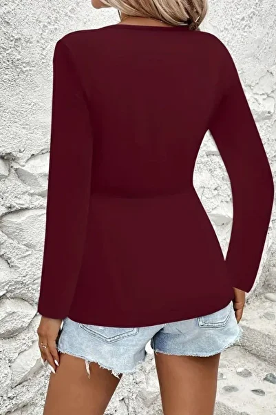 Mossta V-Neck Long Sleeve Viscose Blouse with Knot Detail - Burgundy