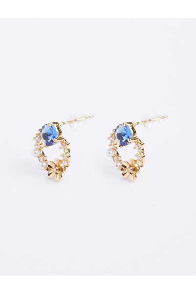 Jimmy Key Mavi Çiçek Desenli İnci Detaylı Küpe