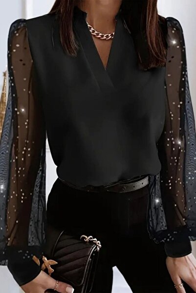 Mossta V-Neck Balloon Sleeve Detailed Imported Crepe Blouse - Black