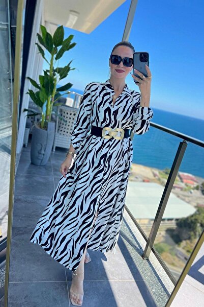 DISHI FASHİON Long Shirt Dress Zebra Without Belt