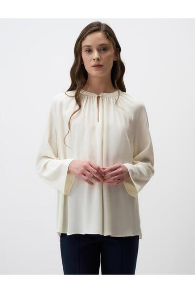 Jimmy Key Ecru Crew Neck Relaxed Fit Long Sleeve Blouse