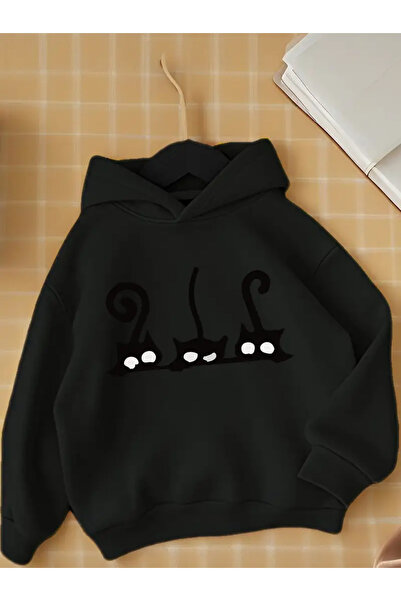 oneagılyazı Зимна суитшърт с качулка, детска с принт на черни котки